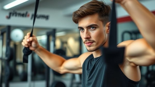 Focused young man performing resistance band exercise in gym, highlighting TRX Body Saw benefits.