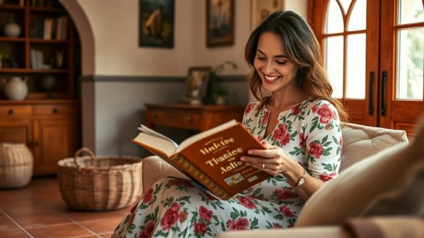 Woman reading in cozy room with terracotta tiles and soft lighting.