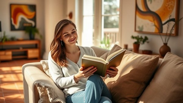 Smiling woman reading book in cozy chair, holistic health setting.