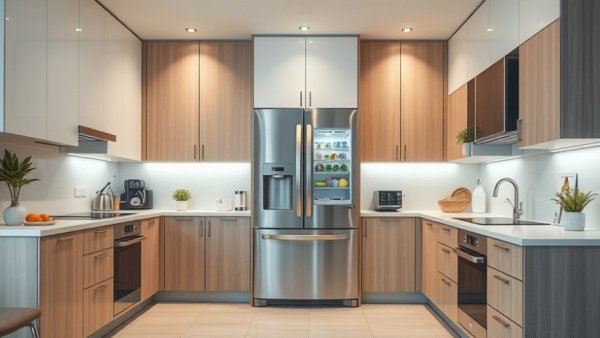 Modern kitchen with refrigerator required by California law.