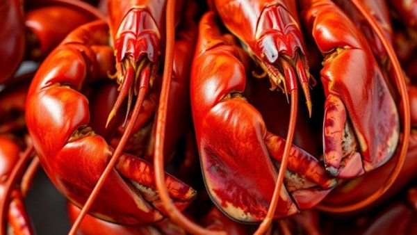 Freshly cooked lobsters packed together, seafood theft New England.