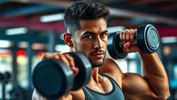Shoulder-focused dumbbell front raise exercise in gym.