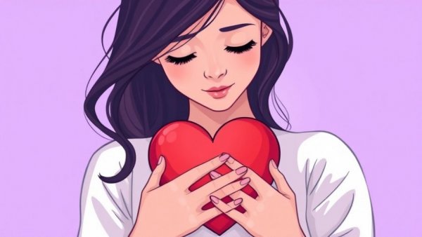Serene woman practicing self-compassion journaling, holding heart.