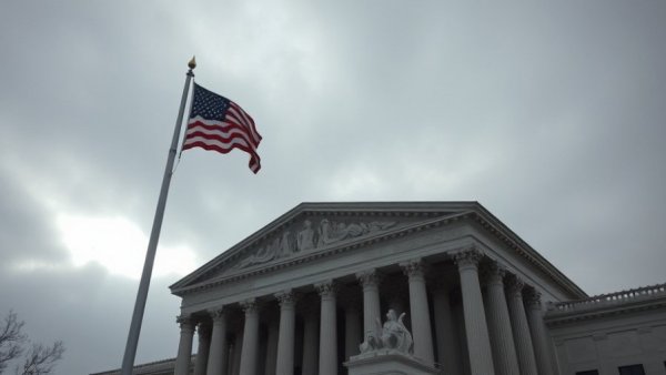 Supreme Court under renovation with American flag on a cloudy day, depicting presidential authority theme.