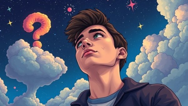 Cartoon of thoughtful young man and question mark in vibrant sky, health and wellness.