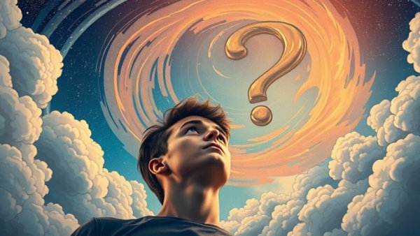 Finding peace in uncertainty as a young man gazes upward surrounded by clouds and stars.