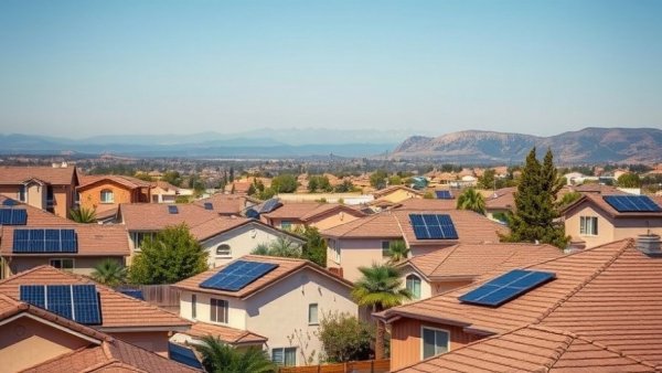 Solar-paneled houses in a California suburb, clear sky visible.