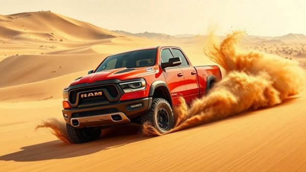 Ram TRX V-8 pickup truck navigating desert dunes