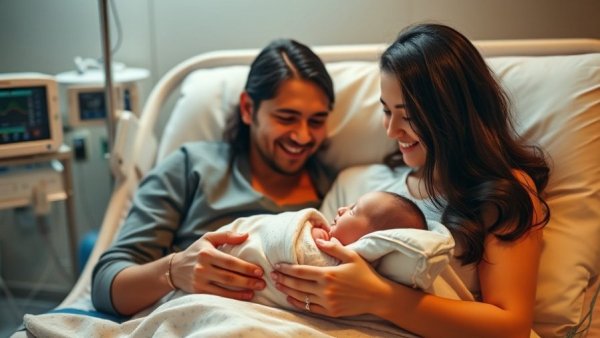 Happy family with newborn in hospital, New Year babies in San Jose.