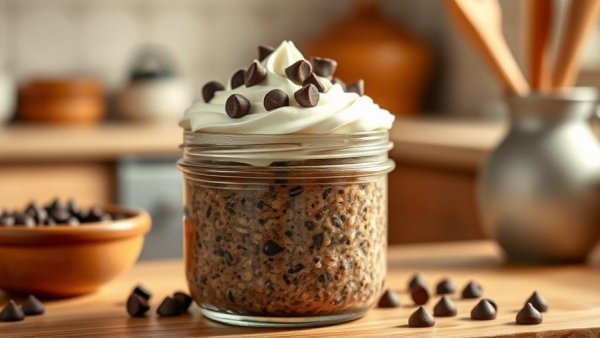 High Protein Coffee Overnight Oats with chocolate chips and cream.