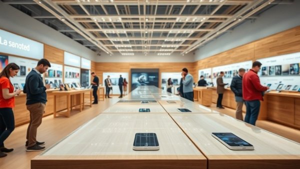 Customers examining smartphones in a tech store under bright lighting.
