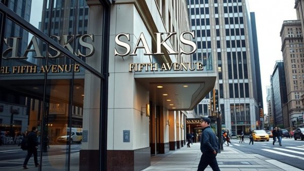 Saks Fifth Avenue elegant sign, busy city street scene.