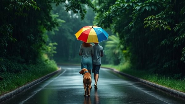 People walking with an umbrella on wet Topanga Canyon Boulevard, highlighting mudslide risks.