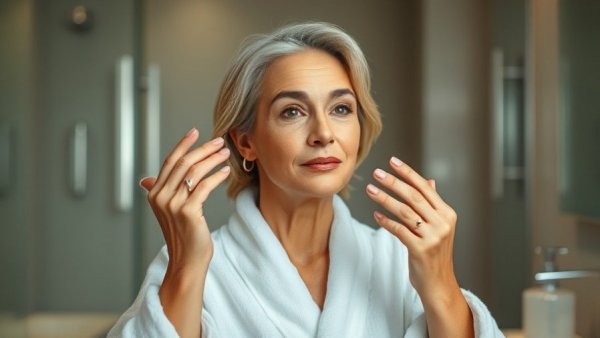 Woman applying beauty products, serene ambiance, over-50 influencer.