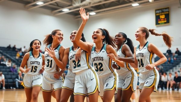 San Jose basketball news: Energetic female team celebrating on court.