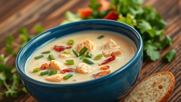 Creamy salmon chowder with bacon and onions in a blue bowl.