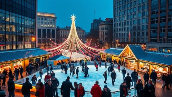 Winterfest Akron night scene with lit ice rink and crowd.