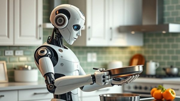 Sleek robot using smart home technology in a modern kitchen.