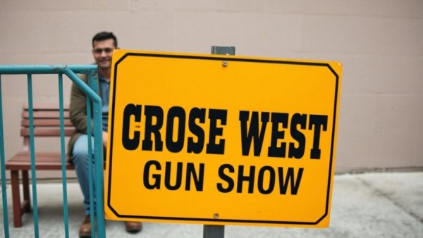 California's Open Carry Law ruling: Gun show sign in focus through barricades.