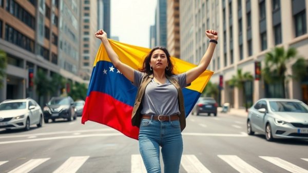 Determined Venezuelan woman waving flag on city street, political uncertainty.