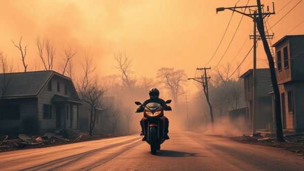 Crisis in Los Angeles: burnt neighborhood, lone rider in smoky sunset.