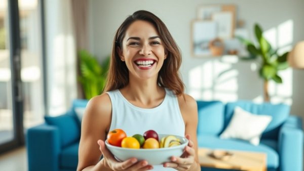 Joyful woman enjoying fruit in bright living room; Nutrition for Women Across the Decades.