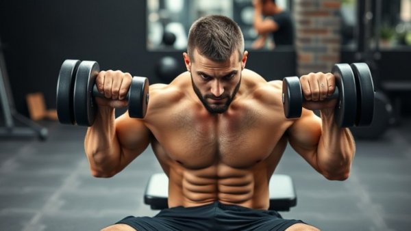 Muscular man doing dumbbell bench press in gym.