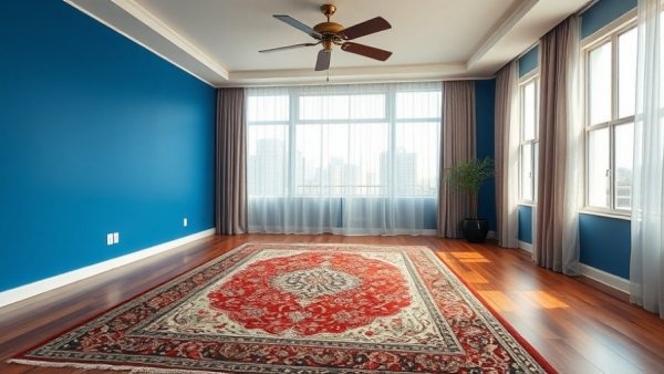 Modern room design for home goals 2026 with blue wall and Persian rug.