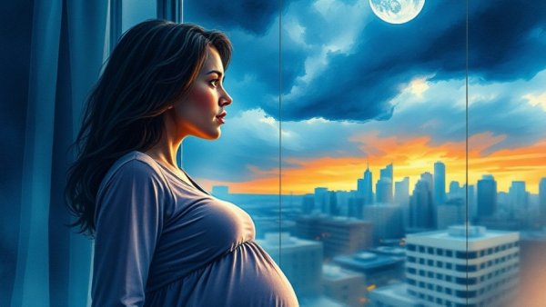 Finding peace with diabetes during pregnancy, serene pregnant woman during storm.