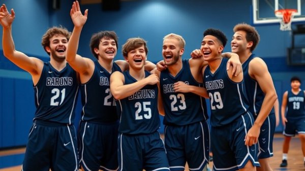 Corona del Mar boys basketball victory celebration on court.