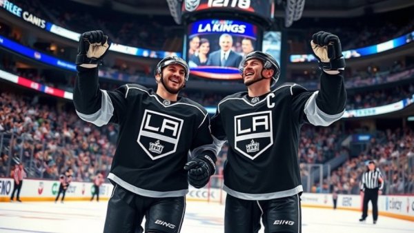 LA Kings players celebrate on ice during Minnesota Wild recap.