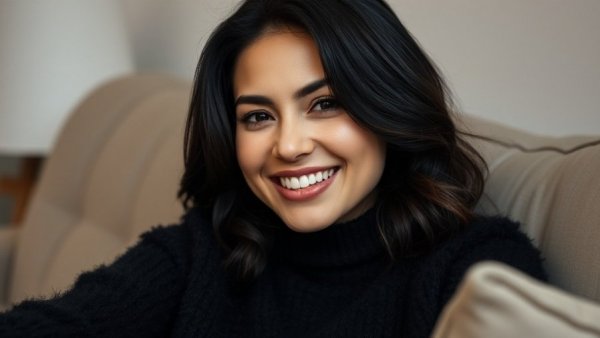 Smiling woman in black sweater, HRT menopause care.