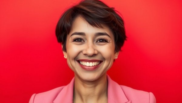 Portrait of smiling person in pink blazer on red background