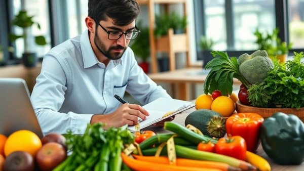 Nutritionist creating personalized nutrition plans with fresh produce.
