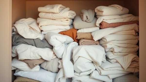Cluttered linen closet with disorganized sheets and towels.