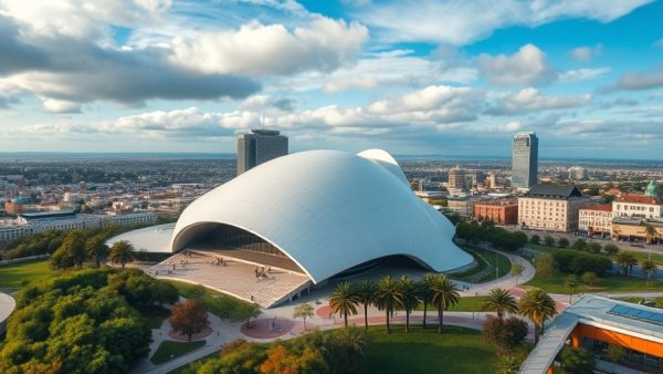 Aerial view of Lucas Museum of Narrative Art's futuristic design.
