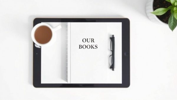 Tablet displaying a book cover titled 'Seven Small Easy Habits,' coffee and glasses beside it.