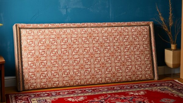 DIY upholstered headboard with piping against a blue wall.