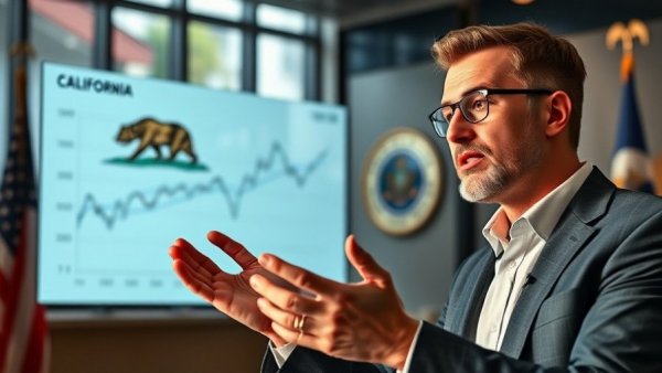 Professional addressing California budget deficit with financial graph.