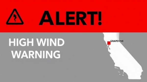 High wind warning Grapevine alert with California map.