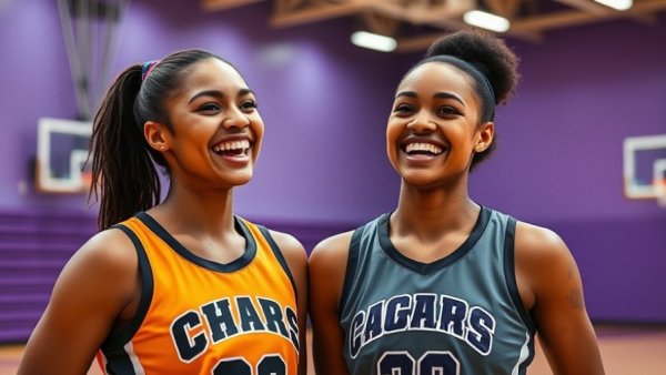 Rosary girls basketball victory celebration with smiling athletes.