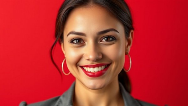 Professional woman smiling with red backdrop, confidence in training entry-level employees.