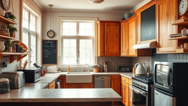 1930s kitchen with wooden cabinets and chalkboard, pre-makeover.