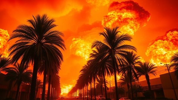 Dramatic scene of Los Angeles wildfires with palm trees and flames.