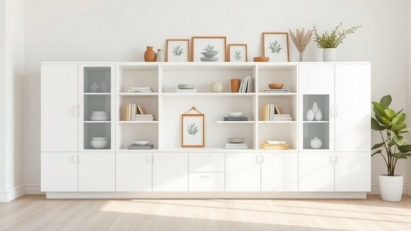 Modern cabinet with decor items, showcasing a clean and organized appearance.