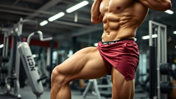 Athlete during quad day workout in gym, showing strong legs.