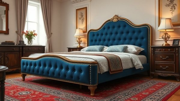 Elegant blue DIY upholstered bed base in cozy room.