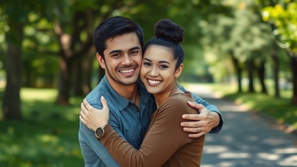 Young couple embracing in a park, sunlight filtering through trees.