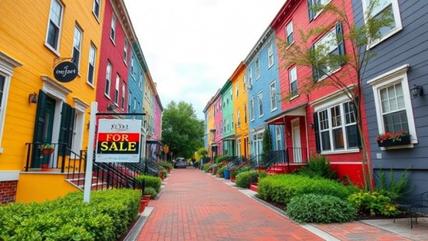 Colorful row houses with sale sign showcasing housing market trends 2026.
