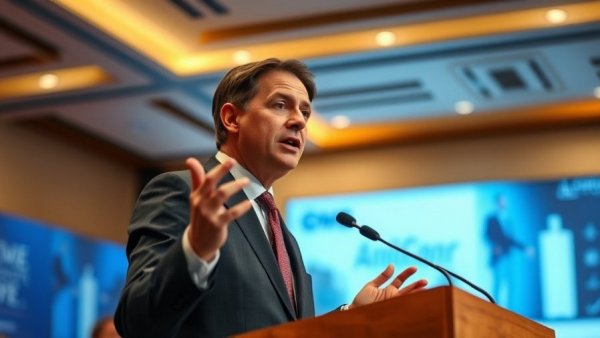 Confident speaker discussing California food fraud scandal at conference.